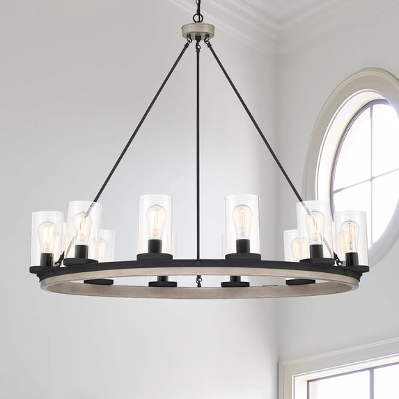 ACROMA Allegray 12-light Farmhouse Wagon Wheel Chandelier with UL Certified Driftwood 14 Adjustable, Over 60 Inches Painted Walnut