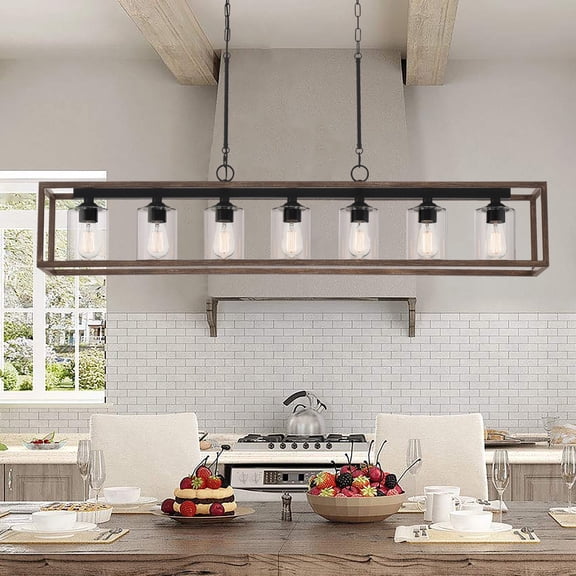 ACROMA Allegray 52in Farmhouse 7-light Linear Chandelier Rectangle Kitchen Island Pendant Weathered Walnut
