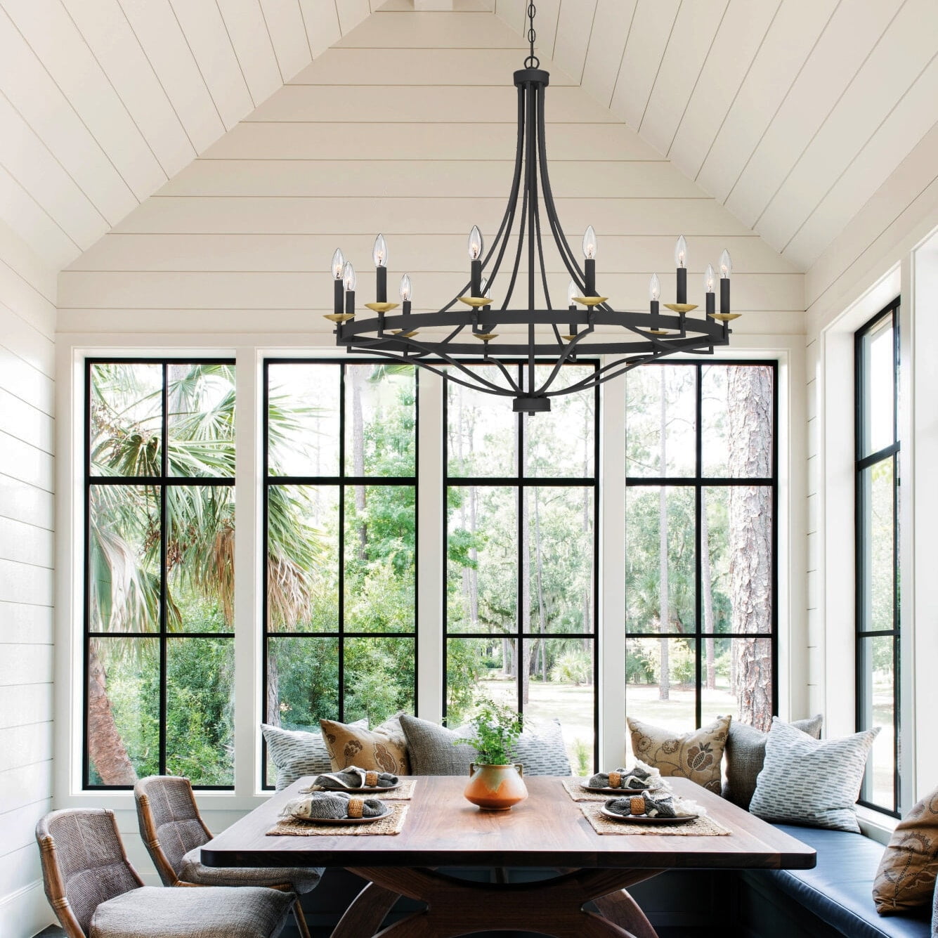 Aged Zinc and Satin Brass 12-Light Candle Style Chandelier