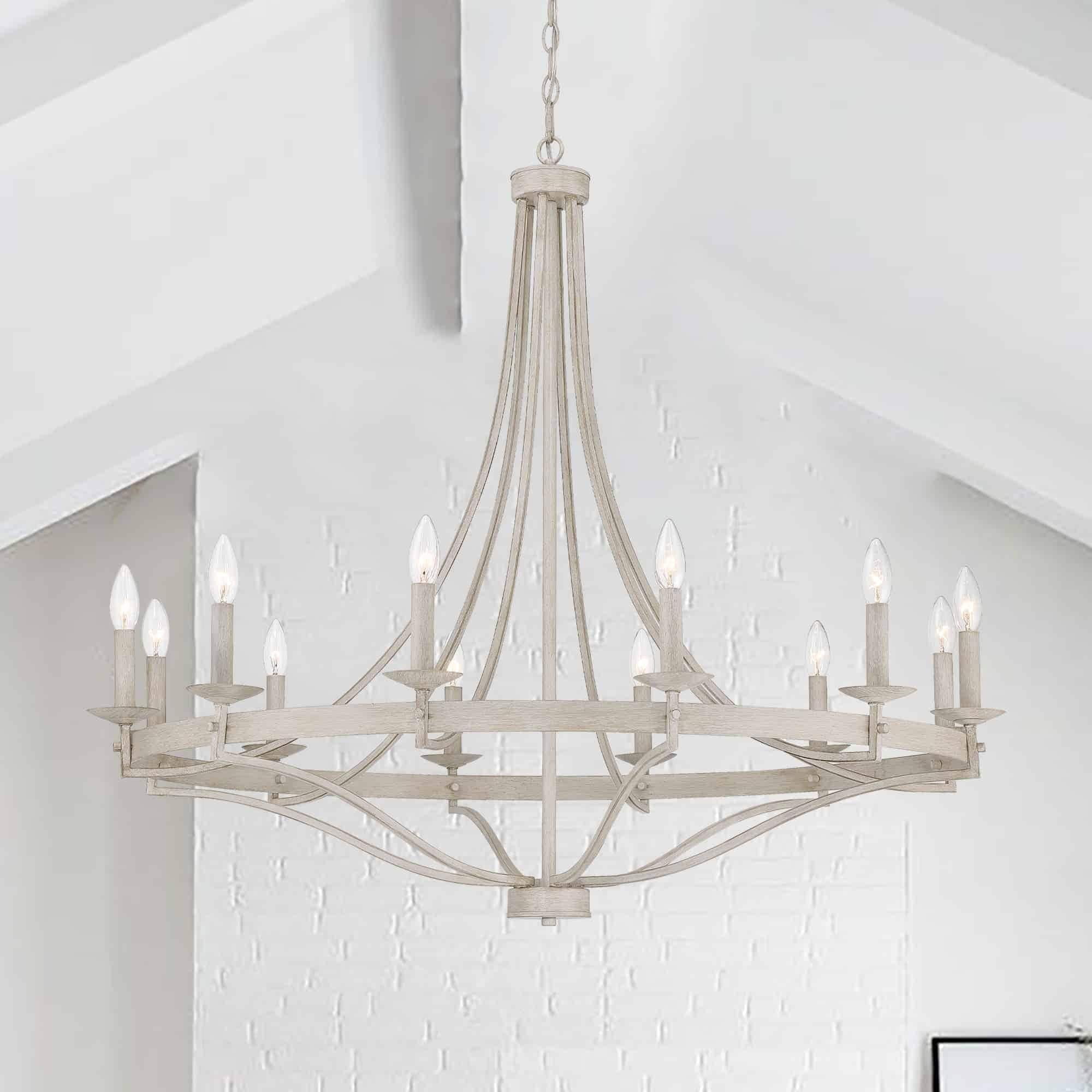 Ivory Wash 12-Light Candle Style Wagon Wheel Chandelier