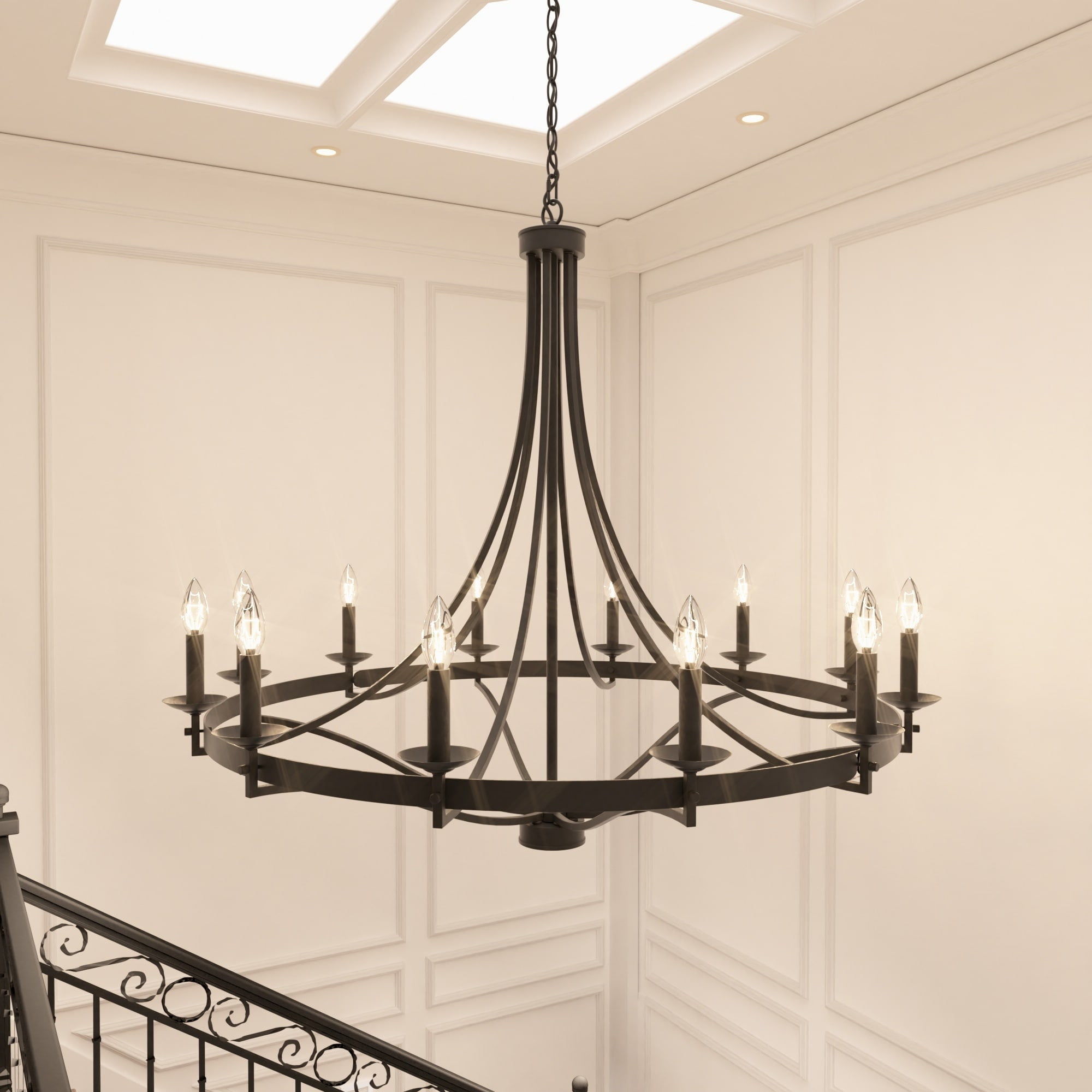Aged Zinc Bronze 12-Light Wagon Wheel Chandelier