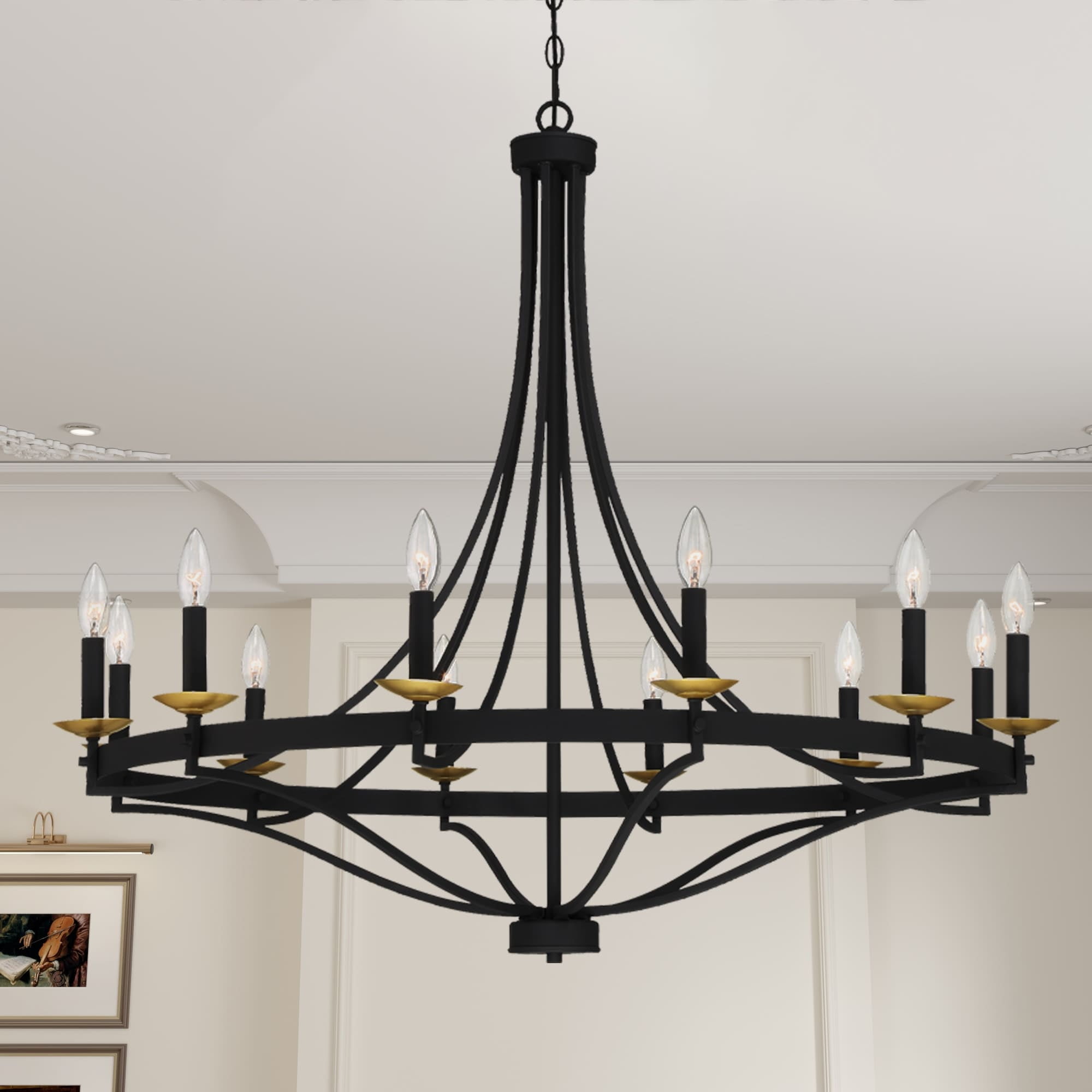 Fidenza 12-Light Matte Black and Brass Wagon Wheel Chandelier
