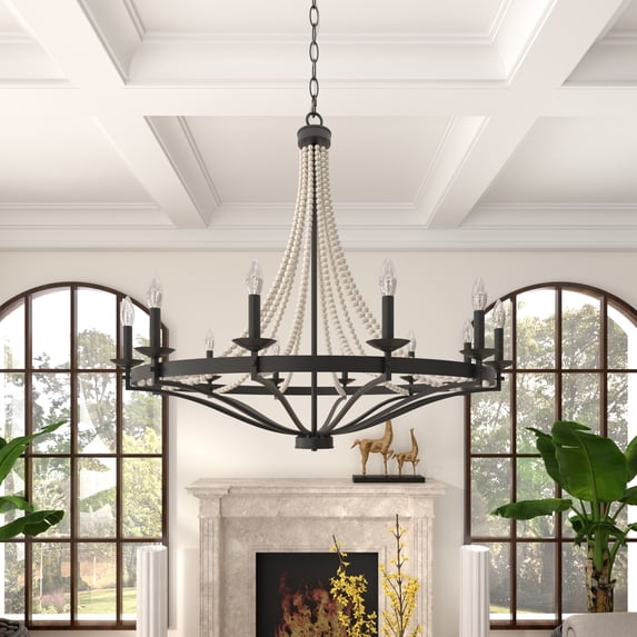 ACROMA Fidenza Empire 12-light Farmhouse Coastal Beaded Chandelier with UL Certified - 40'' Weathered Oak Weathered, Distressed, Matte