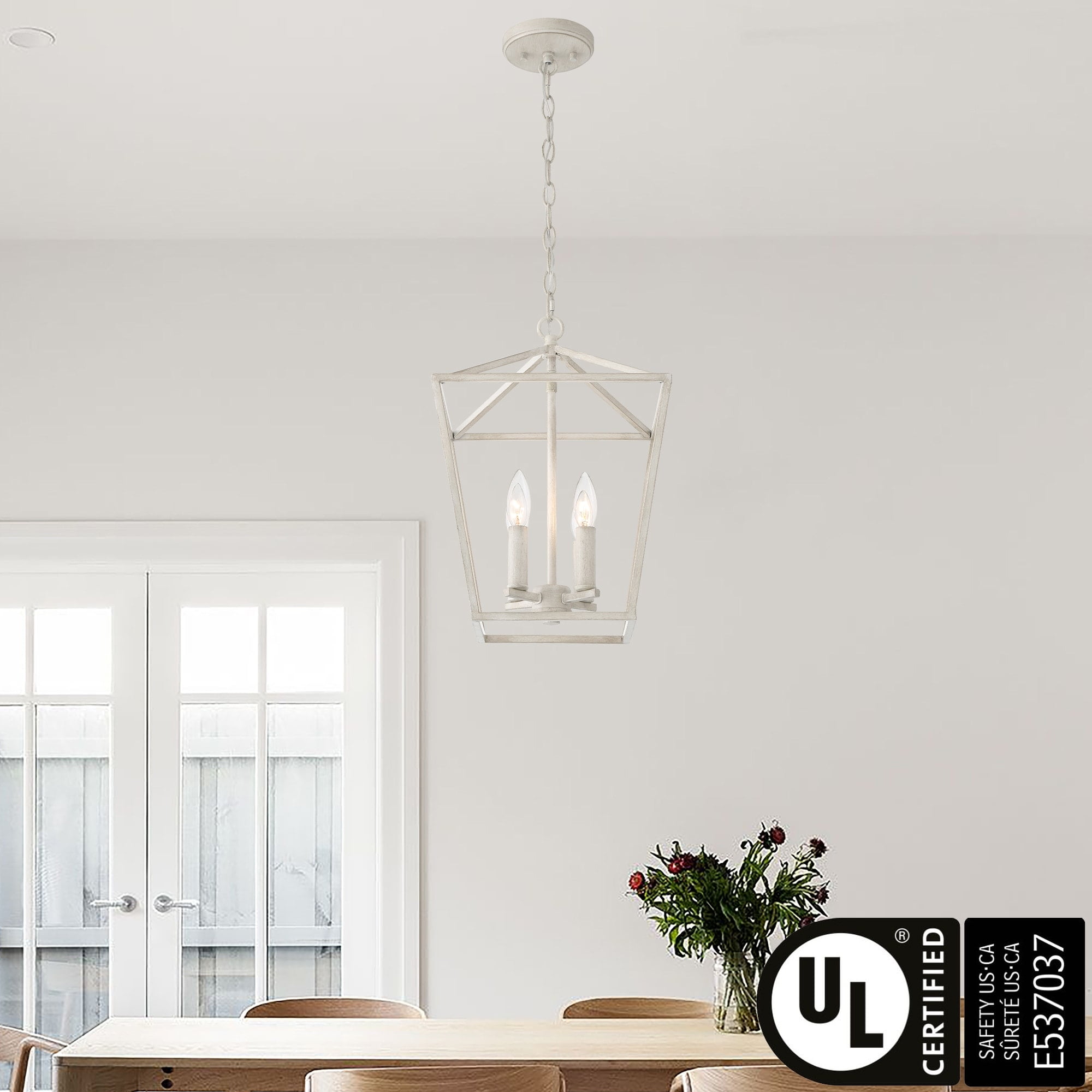 Ivory Wash Steel Lantern Pendant Light with Adjustable Chain