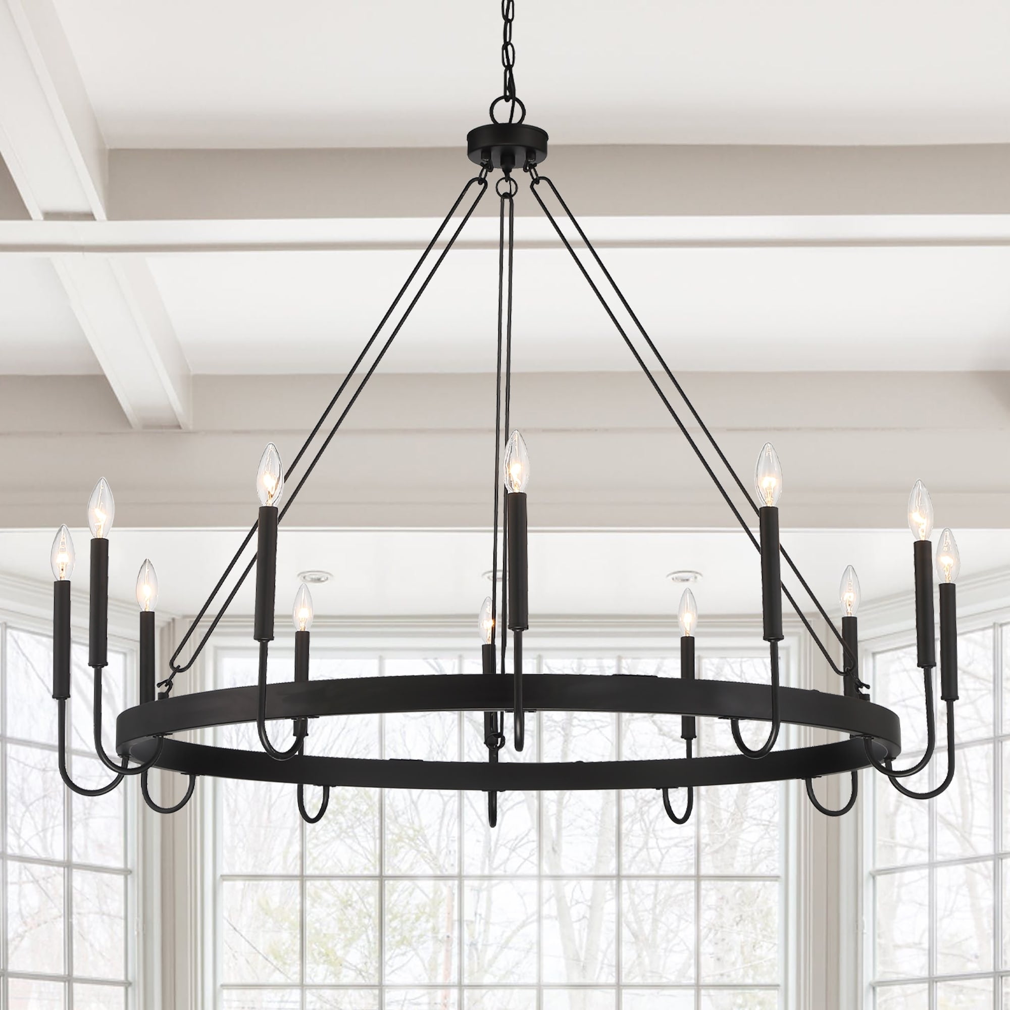 Large Black Metal Farmhouse Candle Wagon Wheel Chandelier