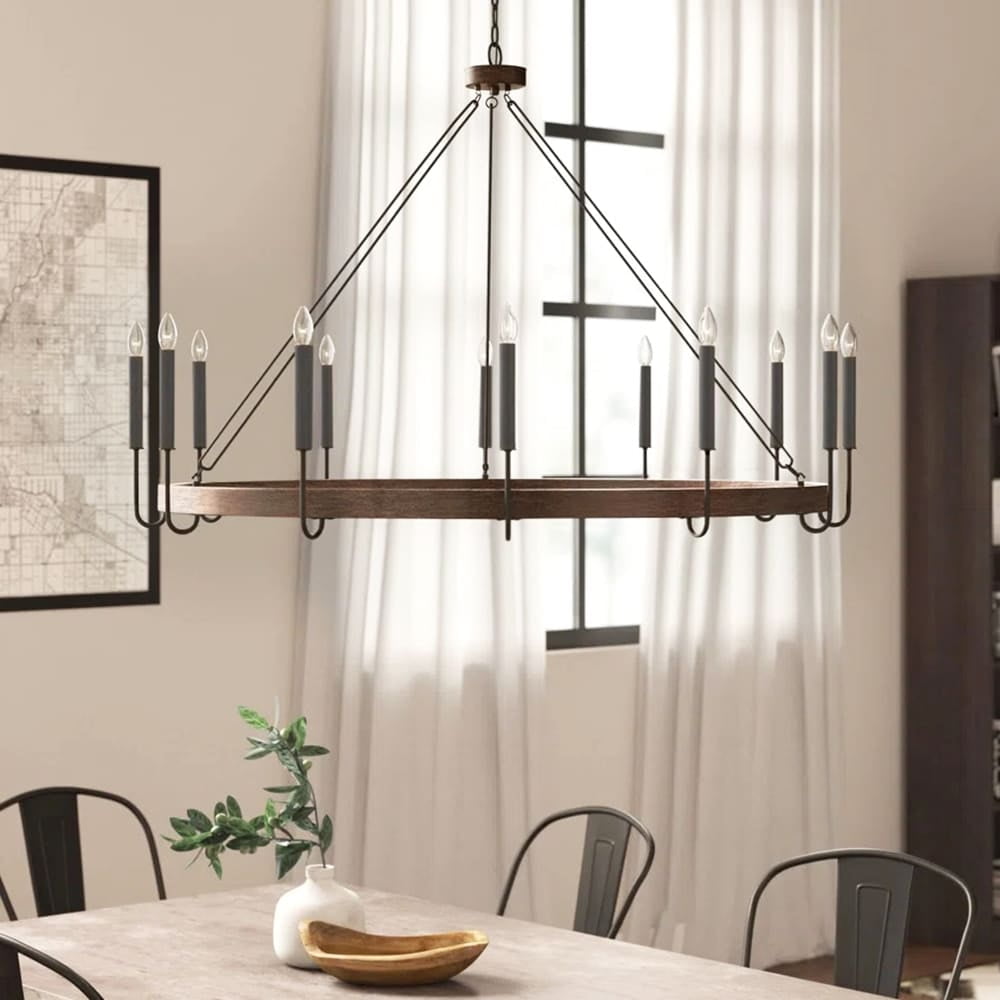 Weathered Walnut and Black 12-Light Wagon Wheel Chandelier