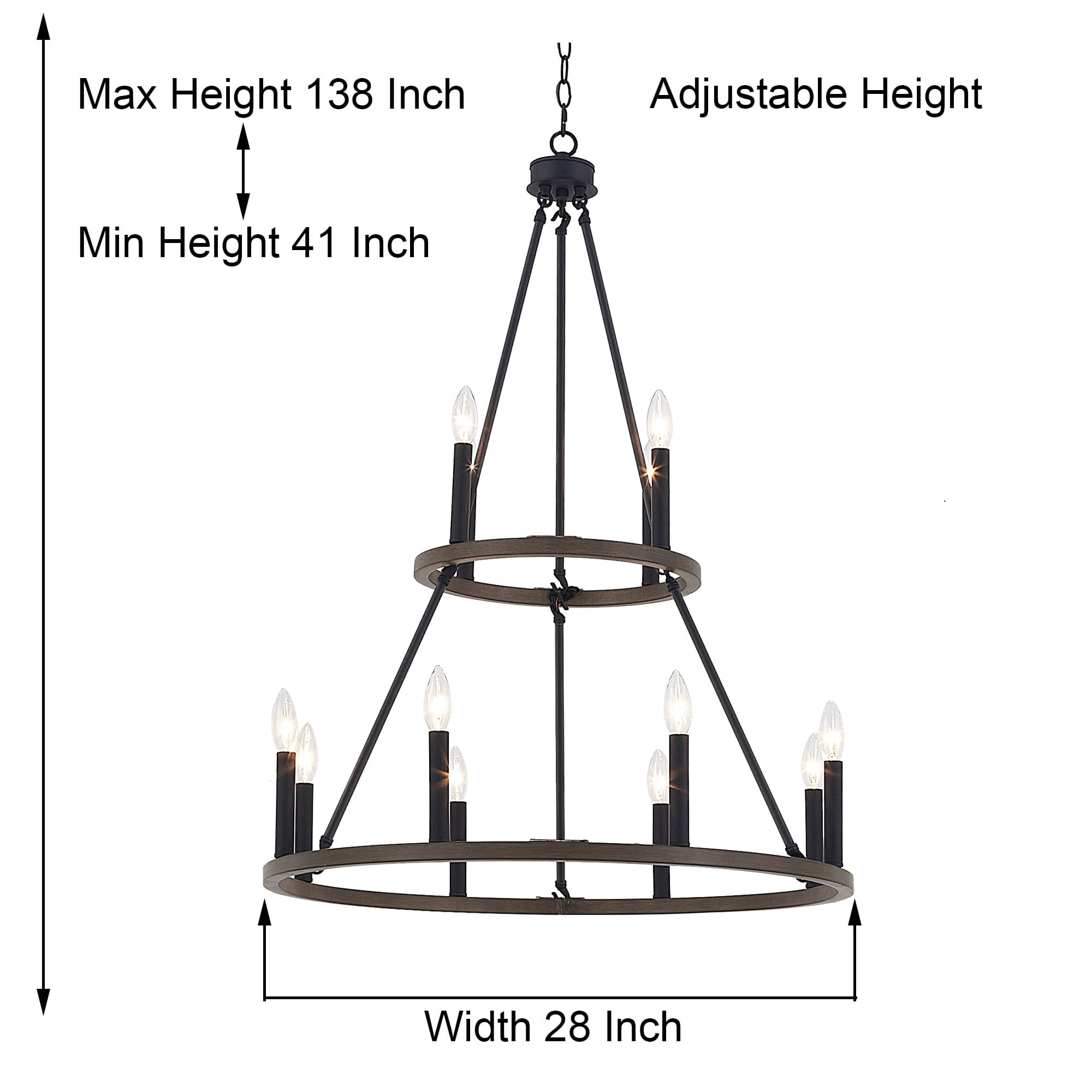 Walnut Wood Grain 12-Light Wagon Wheel Chandelier