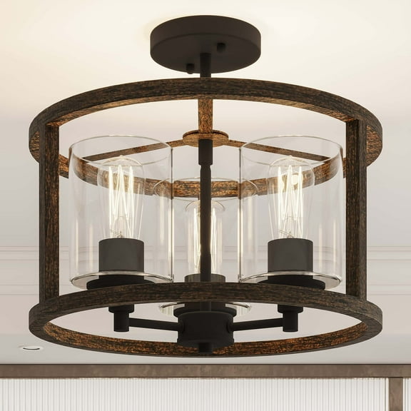 ACROMA Moulins 3-light Modern Farmhouse Semi-Flush Mount Ceiling Lights with UL Certified - 15'' Weathered Walnut Distressed, Matte Gold, Brass,