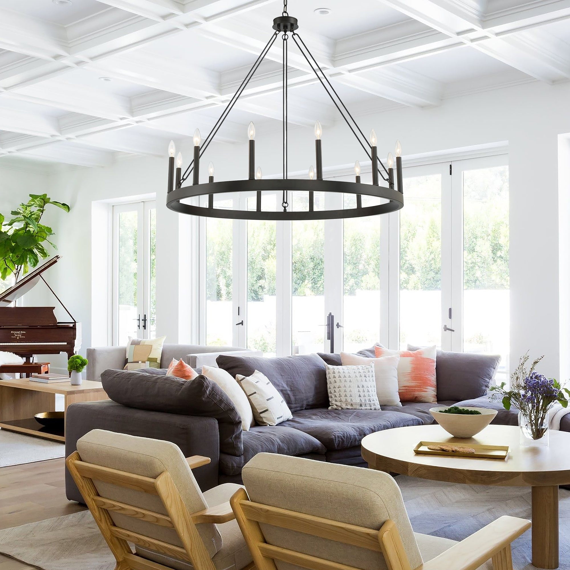 Aged Zinc 40" Modern Farmhouse Wagon Wheel Chandelier