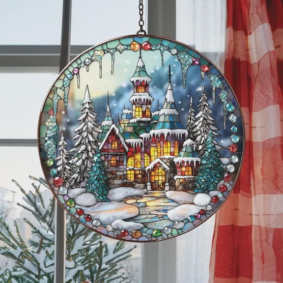 ACRYLIC Faux Stained Glass Castle Ornament Suncatcher, Snowy Path And Pine Tree Christmas Window Hanging, Magical Winter Scene Gift
