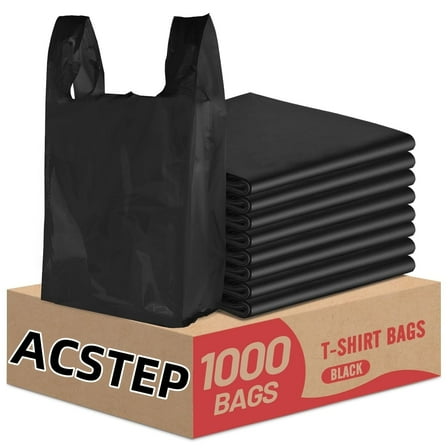 ACSTEP 1000 Count Plastic T-shirt Bags Black 12" x 6.5" x 21"with Handles Shopping Grocery Bags, Black