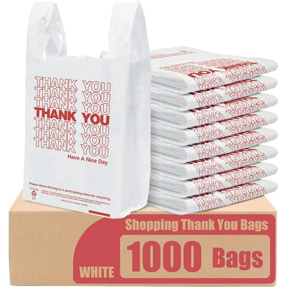 ACSTEP 1000 Count Thank You Plastic Bags, 12x6.5x21inch T-Shirt Bags with Handles Shopping Grocery Bags, White