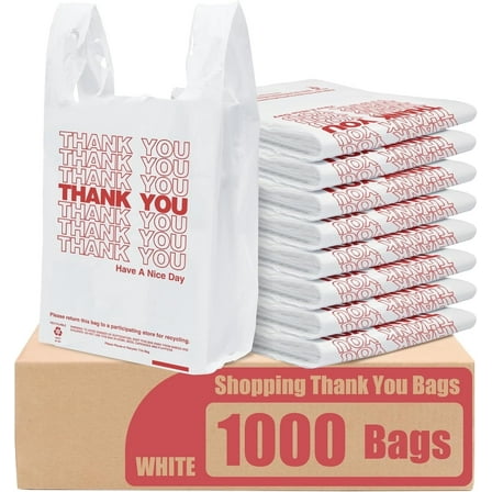 ACSTEP 1000 Count Thank You Plastic Bags, 12x6.5x21inch T-Shirt Bags with Handles Shopping Grocery Bags, White