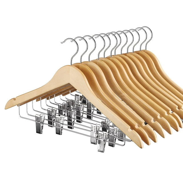 ACSTEP 12 Wood Hangers with Metal Clips, Clothes Hangers, Premium Coat Hanger, Natural