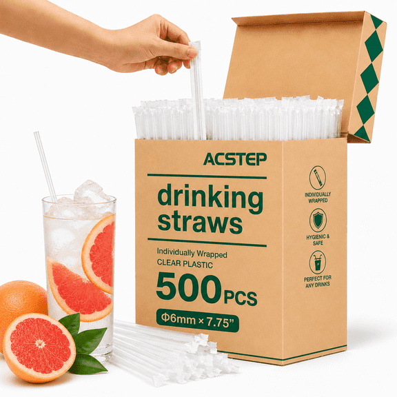 ACSTEP 500 pack Disposable Straws 7.75'' × 0.24'' Individually Wrapped Straws Drinking Plastic Straws