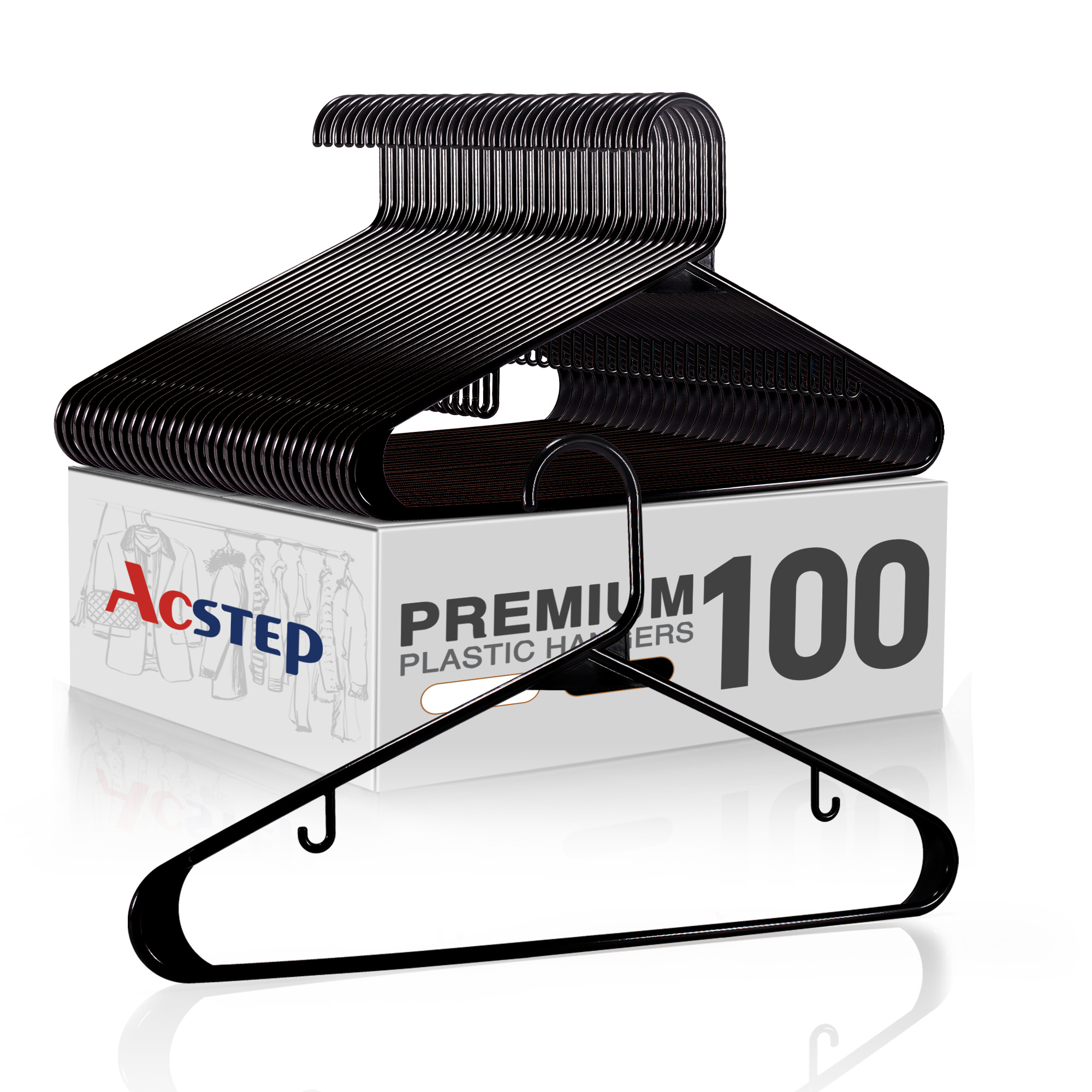 ACSTEP Black Plastic Hangers Plastic Clothes Hangers 100 Pack, Heavy