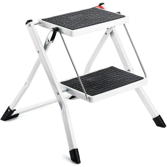 ACSTEP Folding Step Stool 2 Step Ladder Heavy Duty Metal stepping Stools for Adults with Anti-Slip Wide Pedal Lightweight Portable Collapsible Small Stool Kitchen Folding Mini Ladder 330Ibs White