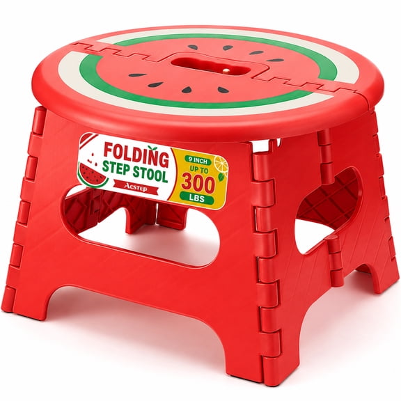 ACSTEP Folding Step Stool 9 Inch, Cute Fruit Collapsible Step Stool with Handle, Non-Slip Foldable Stool Up to 300 lbs for Bathroom, Kitchen and Home, Watermelon Red