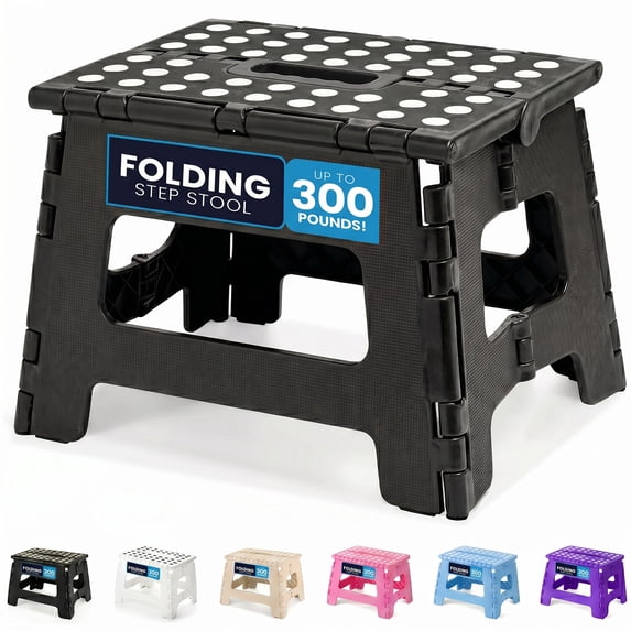 ACSTEP Folding Step Stool 9'' Non-Slip Folding Stools with Portable Handle for Adults Holds Up to 300 lbs, Plastic Foldable Step Stool for Bathroom, Bedroom, Kitchen, Black