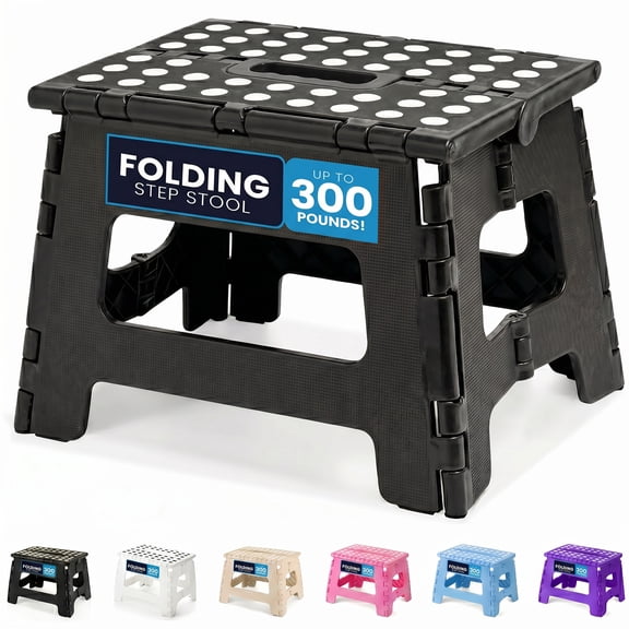 ACSTEP Folding Step Stool 9'' Non-Slip Folding Stools with Portable Handle for Adults Holds Up to 300 lbs, Plastic Foldable Step Stool for Bathroom, Bedroom, Kitchen, Black