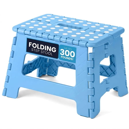 ACSTEP Folding Step Stool 9'' Non-Slip Folding Stools with Portable Handle for Adults Holds up to 300 lbs, Plastic Foldable Step Stool for Bathroom, Bedroom, Kitchen, Blue