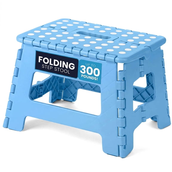 ACSTEP Folding Step Stool 9'' Non-Slip Folding Stools with Portable Handle for Adults Holds up to 300 lbs, Plastic Foldable Step Stool for Bathroom, Bedroom, Kitchen, Blue
