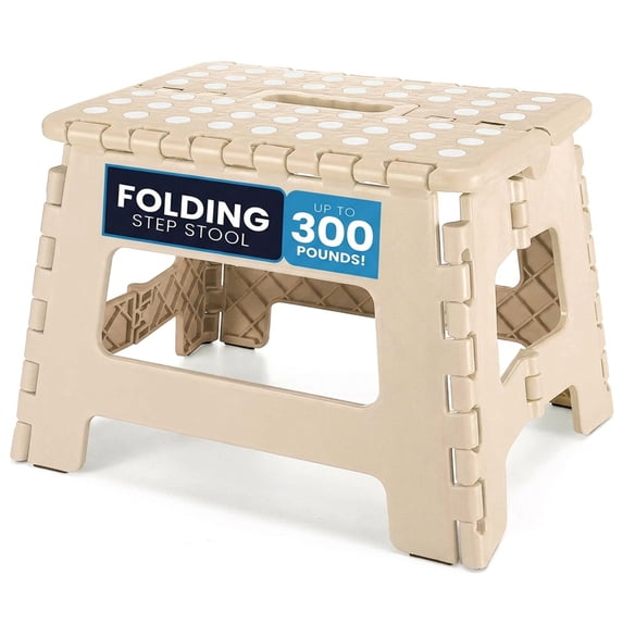 ACSTEP Folding Step Stool 9'', Non-Slip Foldable Stool with Portable Handle, Holds Up to 300 lbs, Plastic Step Stool for Bathroom, Bedroom, Kitchen, Khaki