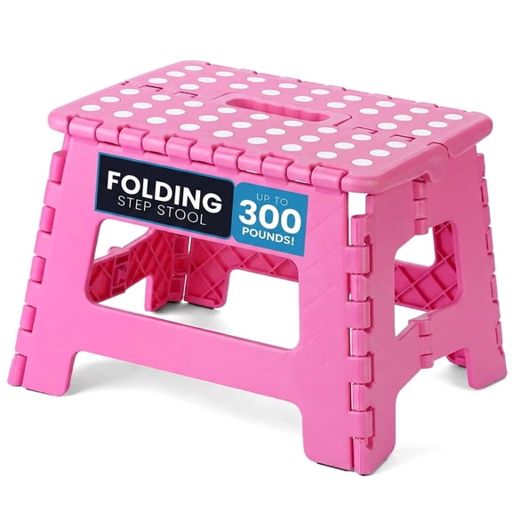 ACSTEP Folding Step Stool 9'', Plastic Step Stool with Non-Slip Surface and Carry Handle, Foldable Stool for Bathroom, Bedroom, Kitchen, Pink