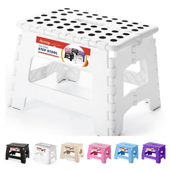 ACSTEP Folding Step Stool 9'' Non-Slip Folding Stools with Portable Handle for Adults and Kids Holds Up to 300 lbs, Plastic Foldable Step Stool for Bathroom, Bedroom, Kitchen, White
