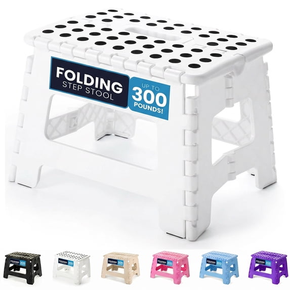 ACSTEP Folding Step Stool 9'' Non-Slip Folding Stools with Portable Handle Holds up to 300 lbs, Plastic Foldable Step Stool for Bathroom, Bedroom, Kitchen, White
