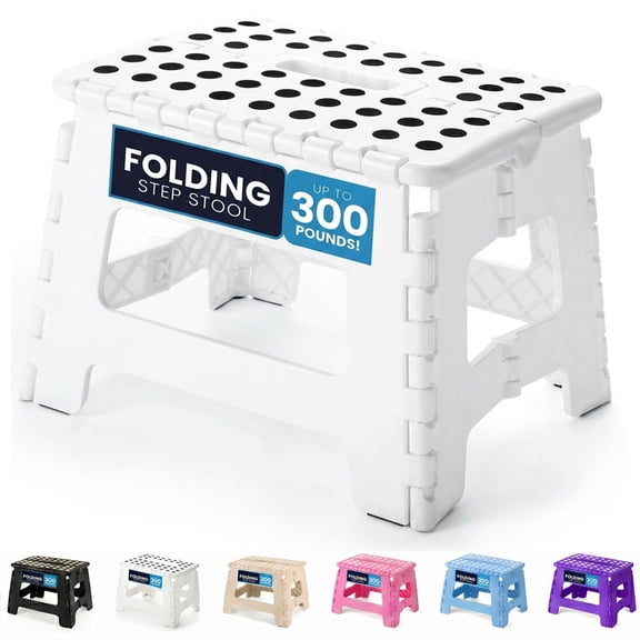 ACSTEP Folding Step Stool 9'' Non-Slip Folding Stools with Portable Handle Holds up to 300 lbs, Plastic Foldable Step Stool for Bathroom, Bedroom, Kitchen, White