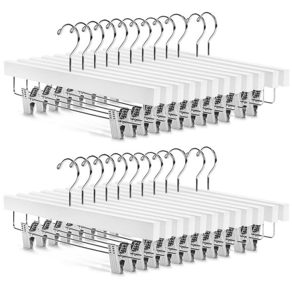 ACSTEP Wooden Pants Hangers with Clips, 14" Heavy Duty & Anti Slip Wooden Hangers for Pants, Skirt, 25 Pcs, White