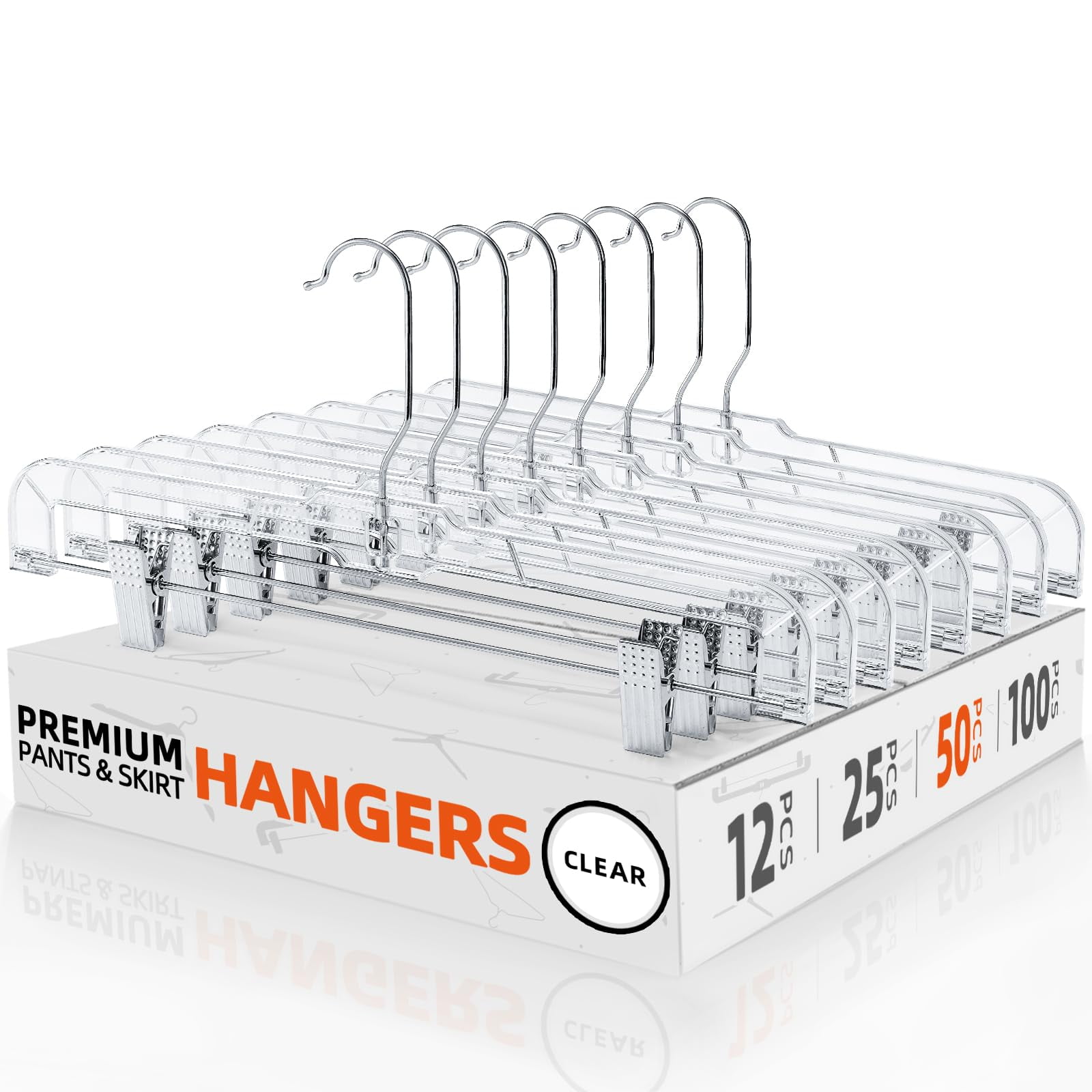 ACSTEP Pant & Skirt Hanger, 14 Inch Pants Hangers with Clip,50 Pack,Clear