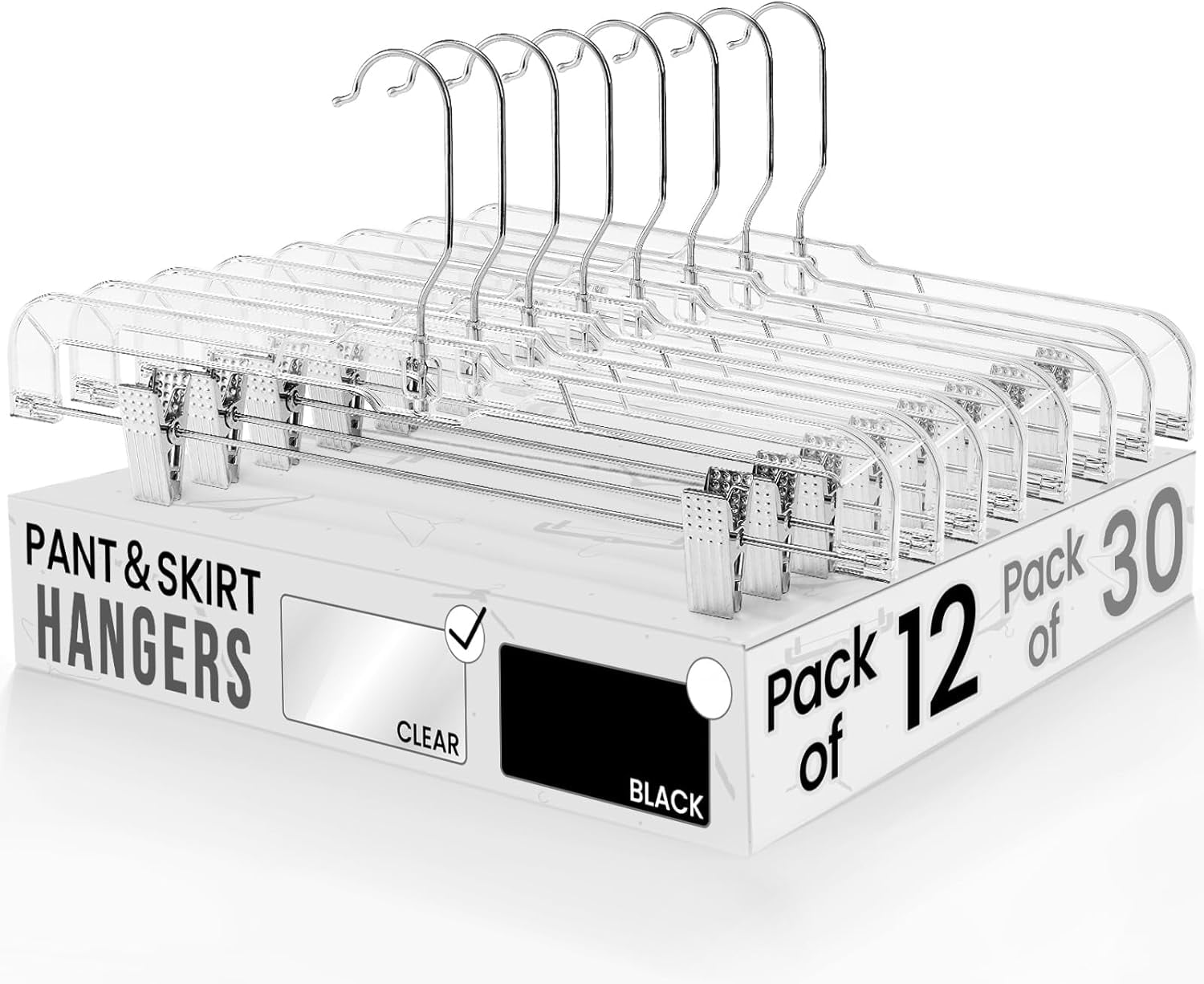 Clear Adjustable Plastic Pants and Skirt Hangers with Clips, 12 Pack