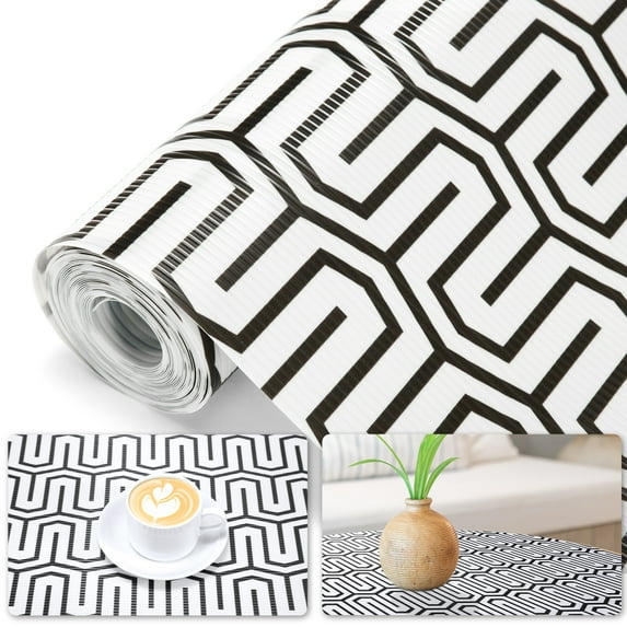 ACSTEP Shelf Liners for Kitchen Cabinets and Drawers, 17.5 in. x 30 ft, Labyrinthine, White& Black