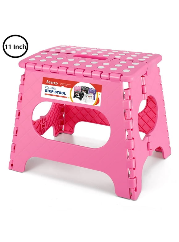 ACSTEP Step Stool 11 Inch,Tall Kids Folding Step Stool, Plastic Step Stools with Non-Slip Surface,Pink