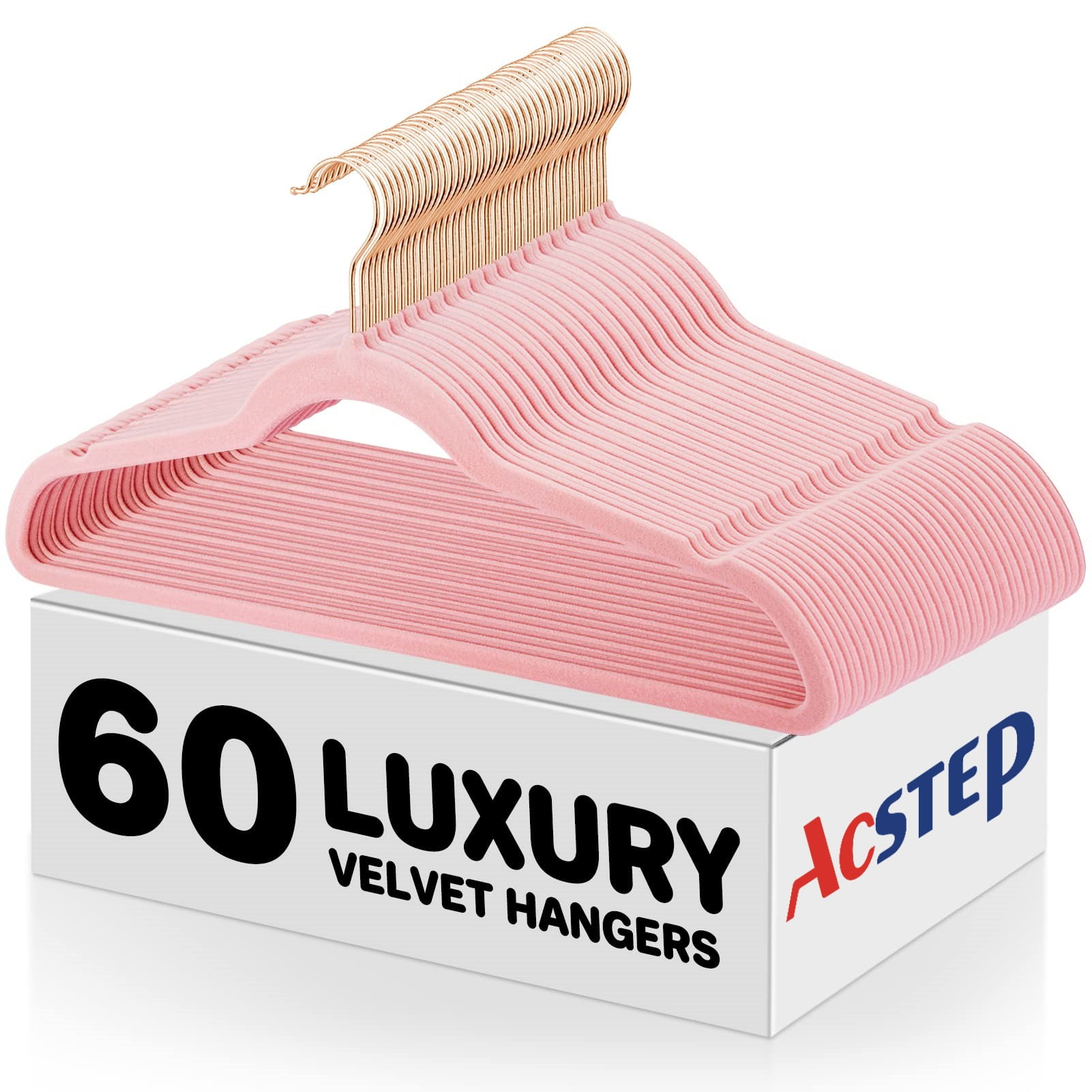 Pink Velvet Non-Slip Clothes Hangers with Rose Gold Hooks, 60 Pack