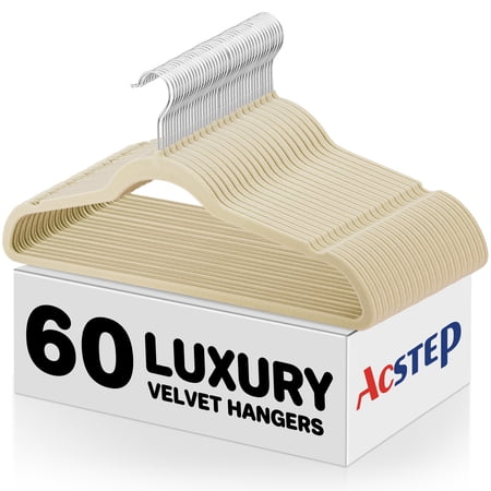 ACSTEP VELVET HANGERS 60 PACK, NON-SLIP FELT CLOTHES HANGERS, WITH 360 ROTATING HOOK – BEIGE