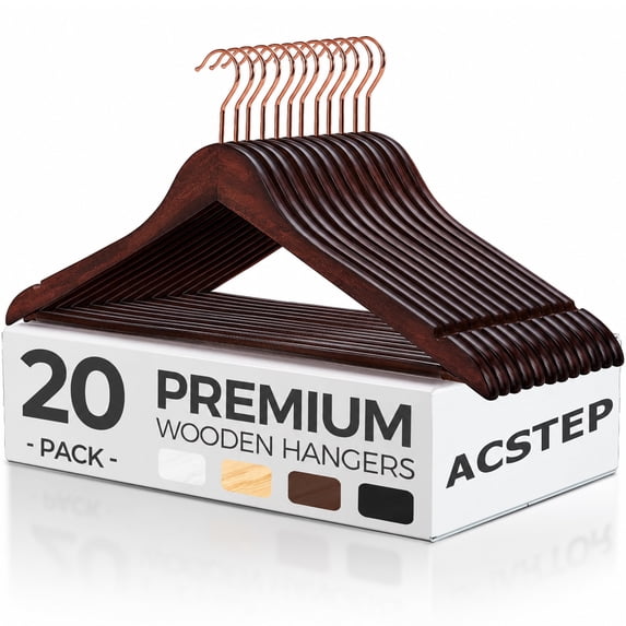 ACSTEP Wooden Clothes Hangers 20 Pack, Sturdy Coat Hangers for Closet, Heavy Duty Non Slip Hangers, Brown
