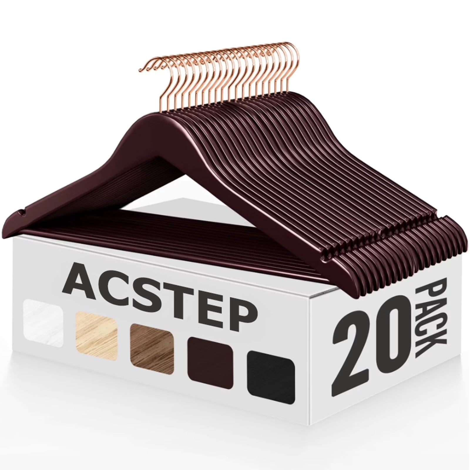 ACSTEP Wooden Clothes Hangers 20 Pack, Sturdy Coat Hangers for Closet, Heavy Duty Non Slip Hangers, Brown