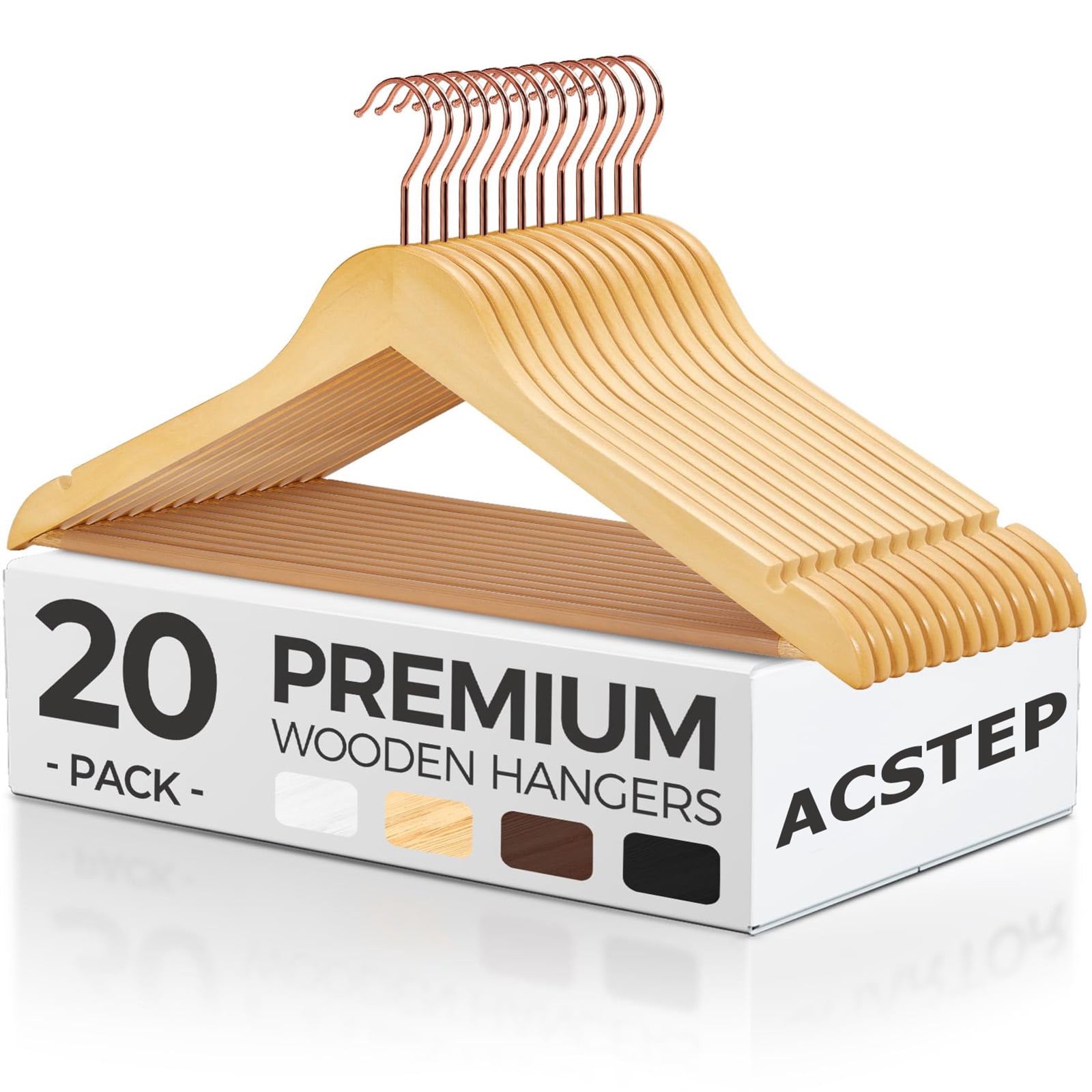 ACSTEP Wooden Hangers 20 Pack, Heavy Duty Wood Pants Skirt Suit Shirt Clothes Hangers with 360° Swivel Hooks, Natural