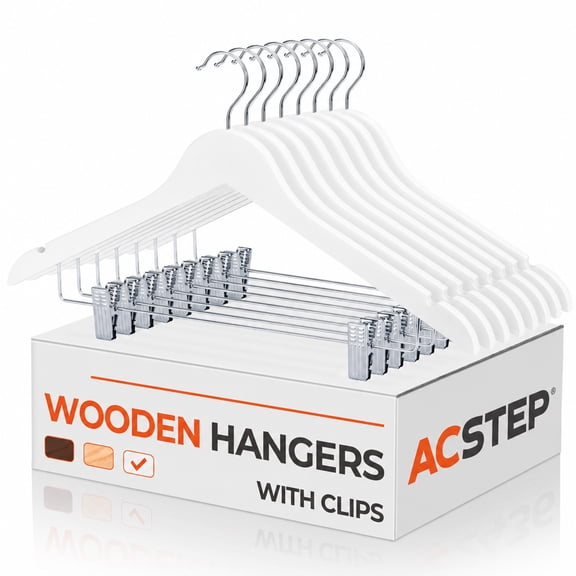 ACSTEP Wooden Hanger with Clips 12 Pack, Premium Coat Hanger, Wooden Clothing Hanger with Shoulder Grooves, 360 Degree Rotatable Hook, White