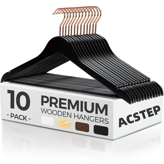 ACSTEP Wooden Hangers 10 Pack, Sturdy Coat Hangers for Closet, Quality Non Slip Hangers, Premium Heavy Duty Hangers, Durable Coat Hanger, Pants Hanger, Suit Hangers, with 360° Rotating Hook, Black