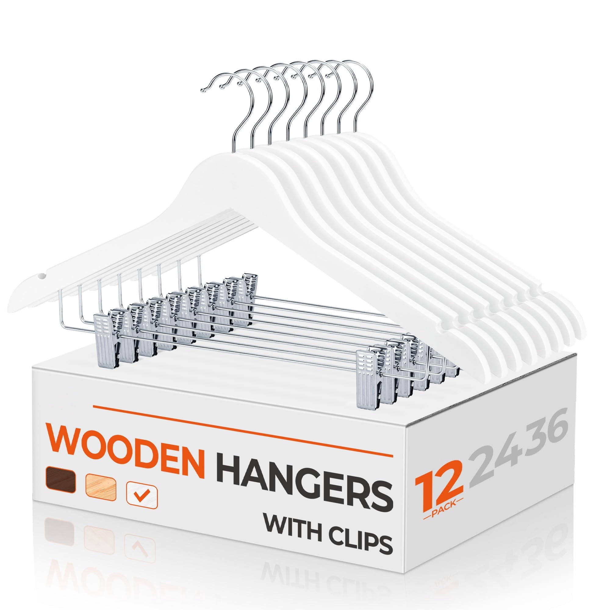 ACSTEP Wooden Hanger with Clips 12 Pack, Premium Coat Hanger, Wooden Clothing Hanger with Shoulder Grooves, 360 Degree Rotatable Hook, White