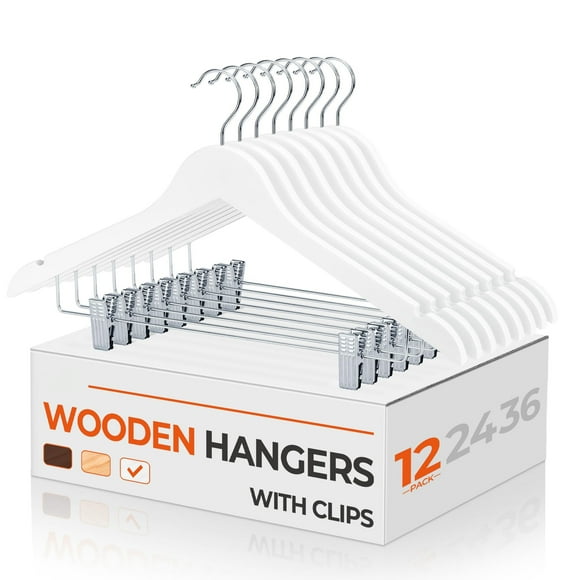 ACSTEP Wooden Hangers 12 Pack Hangers with Clips Premium Wooden Hangers for Clothes Suit, White