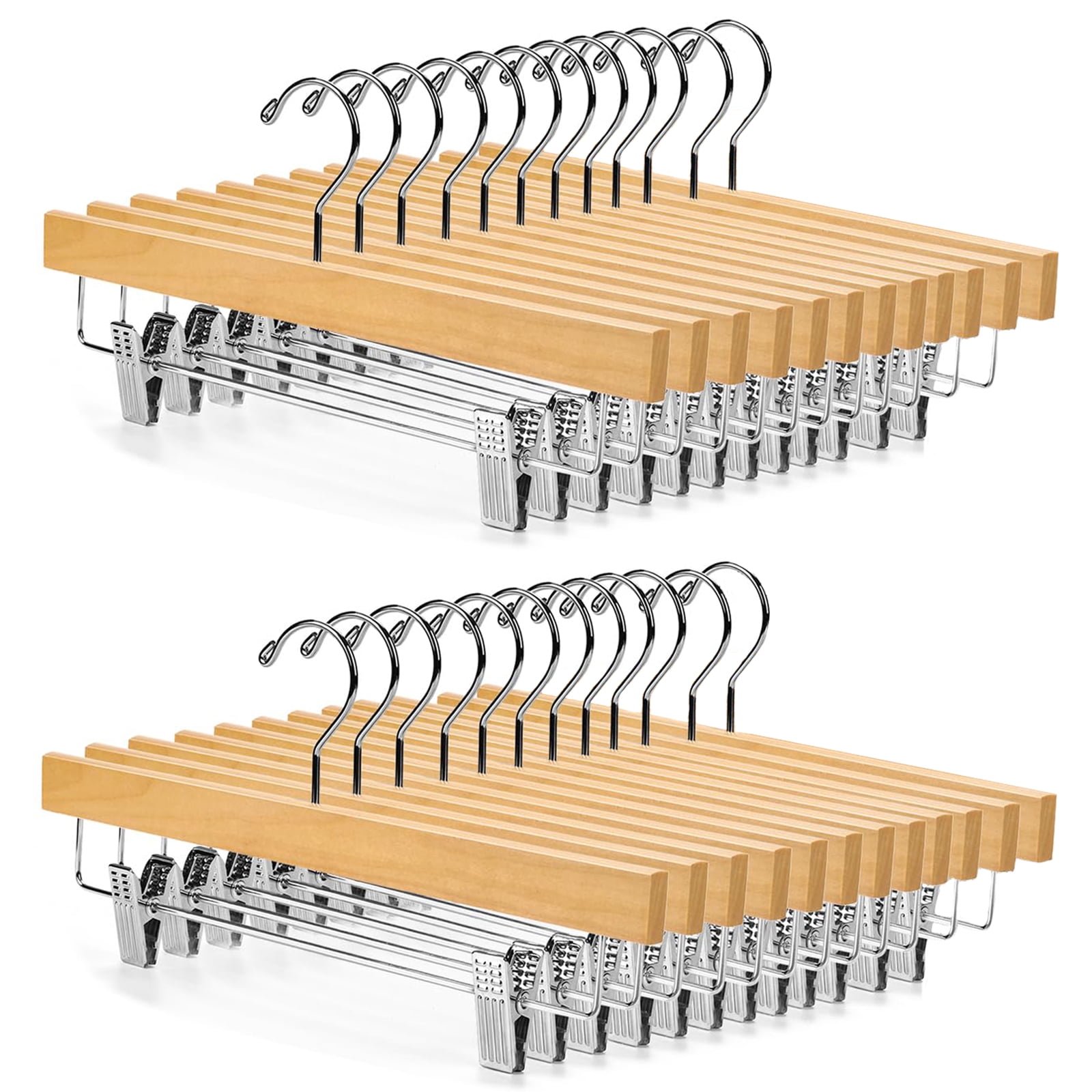 ACSTEP Wooden Pants Hangers with Clips 25 Pack 14 Inch, Wood Skirt Hangers for Women, Solid Wood Pants Hangers with 360 Swivel Hook - Natural