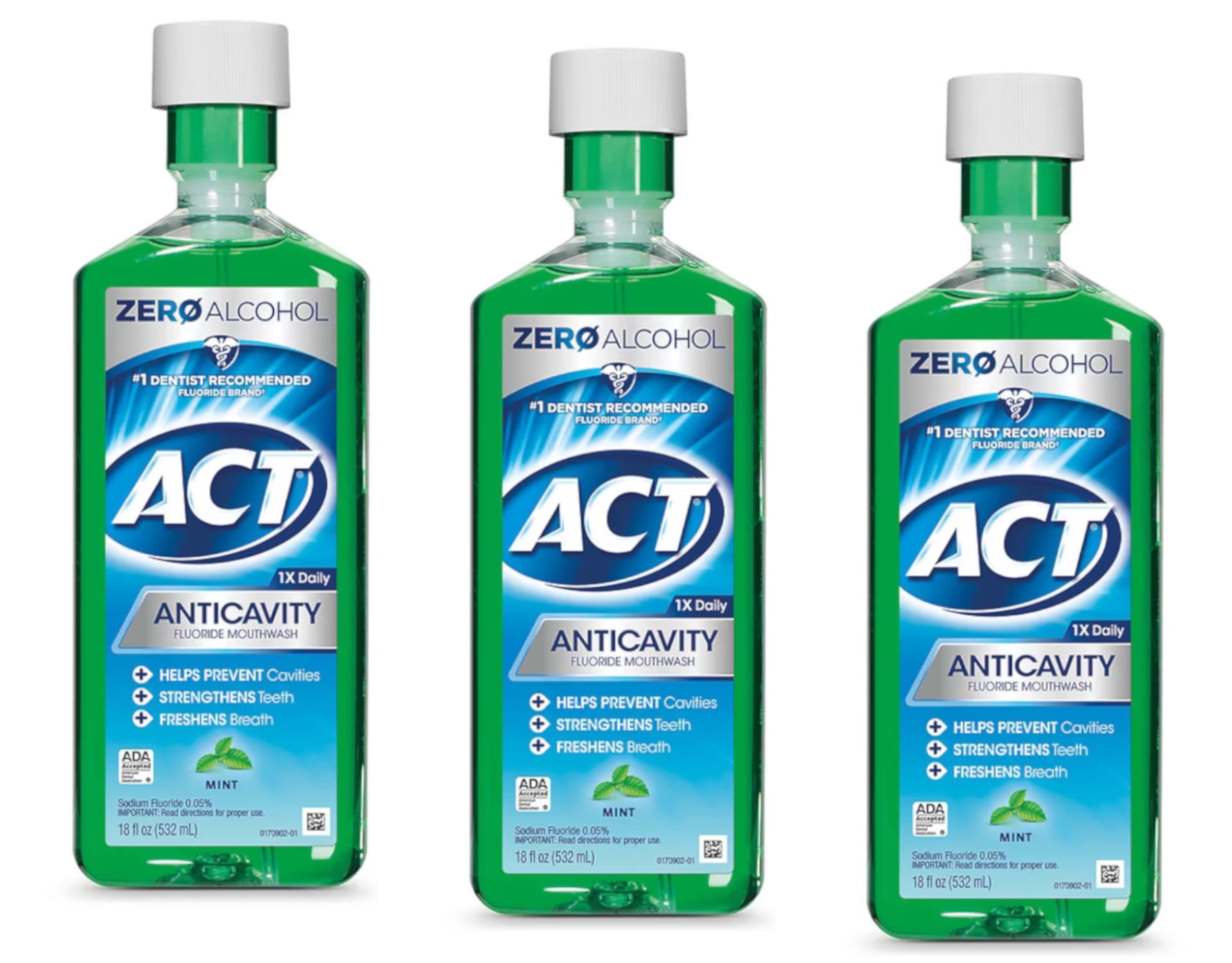 ACT Anticavity Fluoride Mouthwash, Mint, Alcohol Free, 18-Ounce Bottle Pack of 3