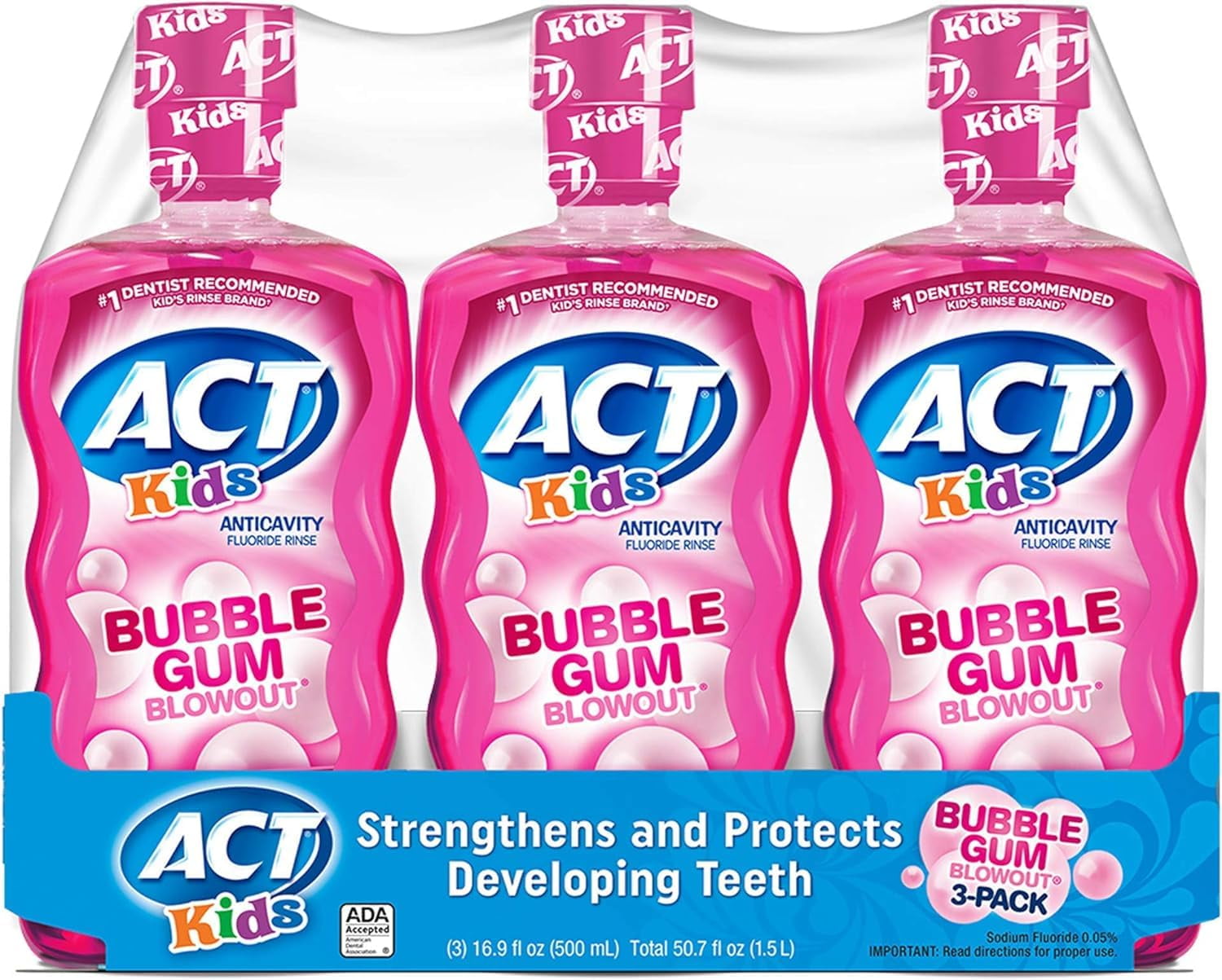 ACT Anticavity Kids Flouride AIF9 Rinse Bubble Gum Blowout Flavor 18 Ounce Bottles (Pack of 3)