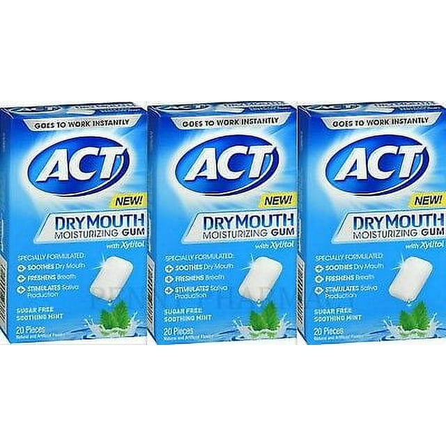 ACT Dry Mouth GUM w/ XYLITOL SugarFree Mint 20 ct ( 3 boxes
