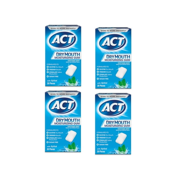 ACT Dry Mouth Moisturizing Gum, Sugar-Free Soothing Mint, 20 ea (Pack of 4)